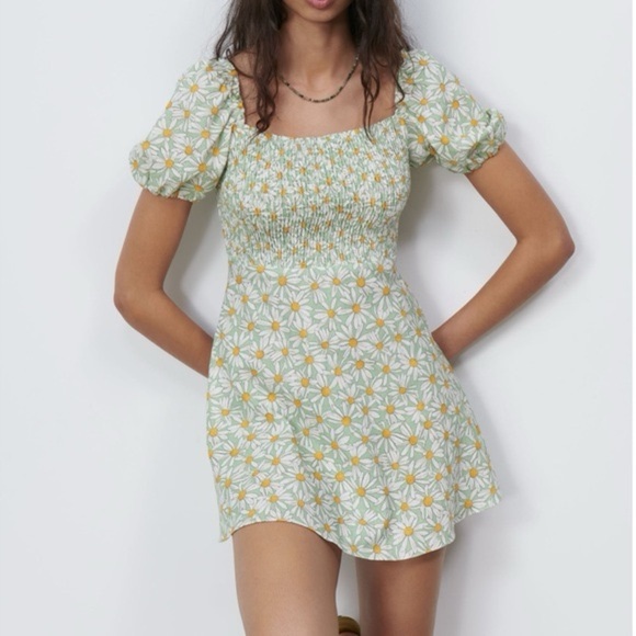 Zara Women's Linen Blend Green Square Neck Sunflower Mini Dress Size XS - Picture 1 of 5